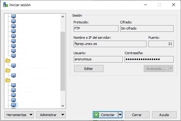 Imagen configuración del FTP en la aplicación WINSCP